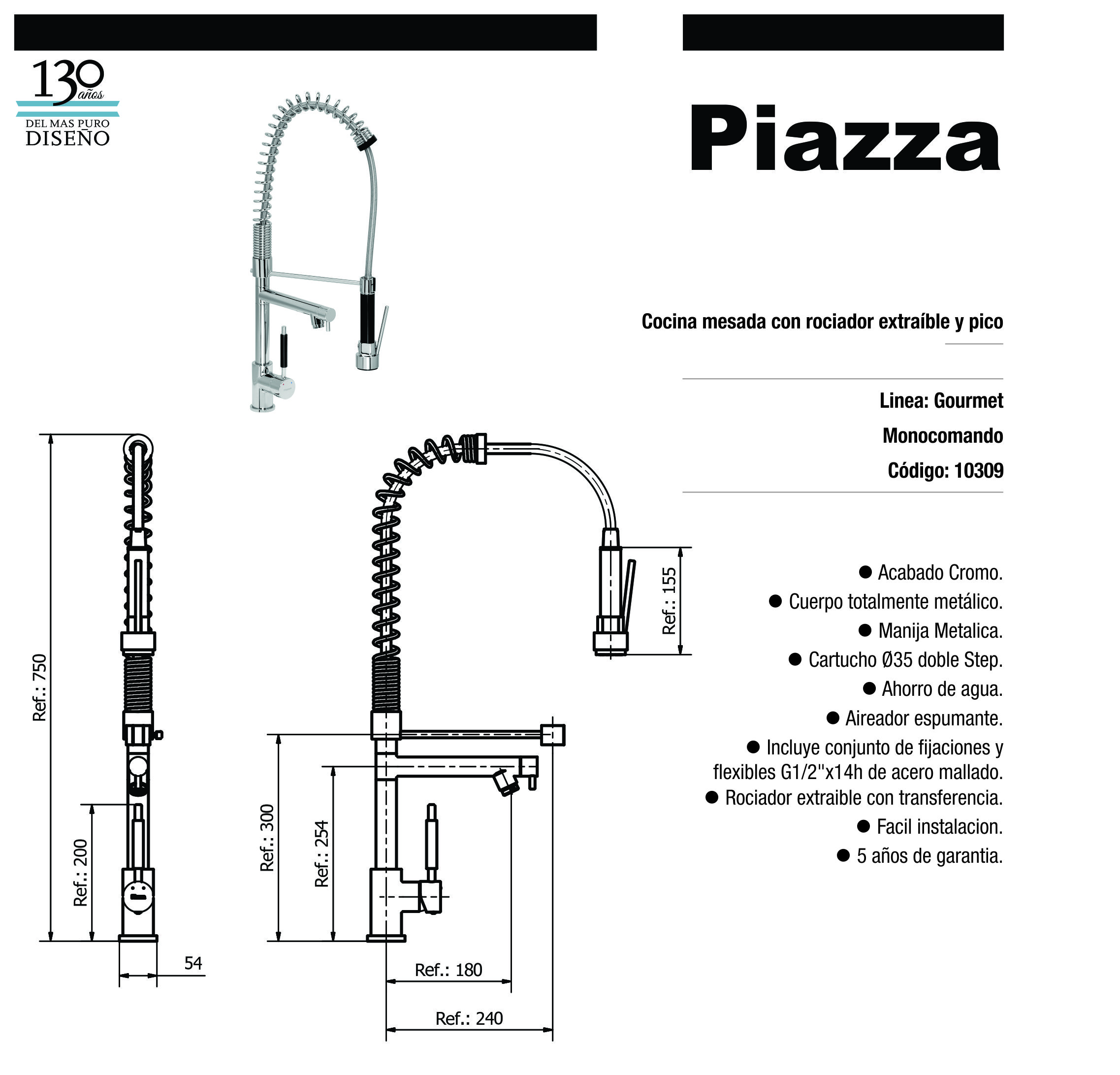 Grifo Cocina Monocomando Gourmet Spring Gris Acero Luxecco